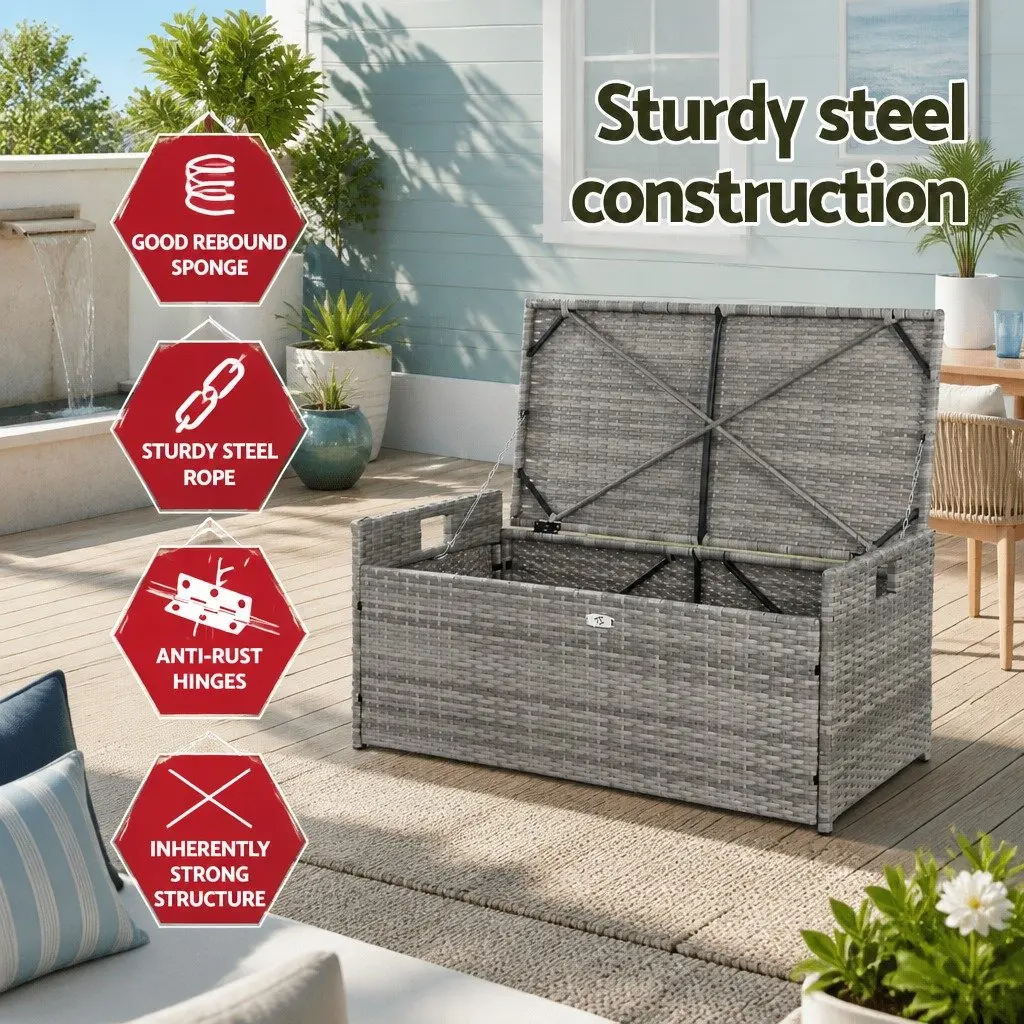 Outdoor Storage Bench Box Wicker Garden Patio Furniture Cushion Grey 100cm