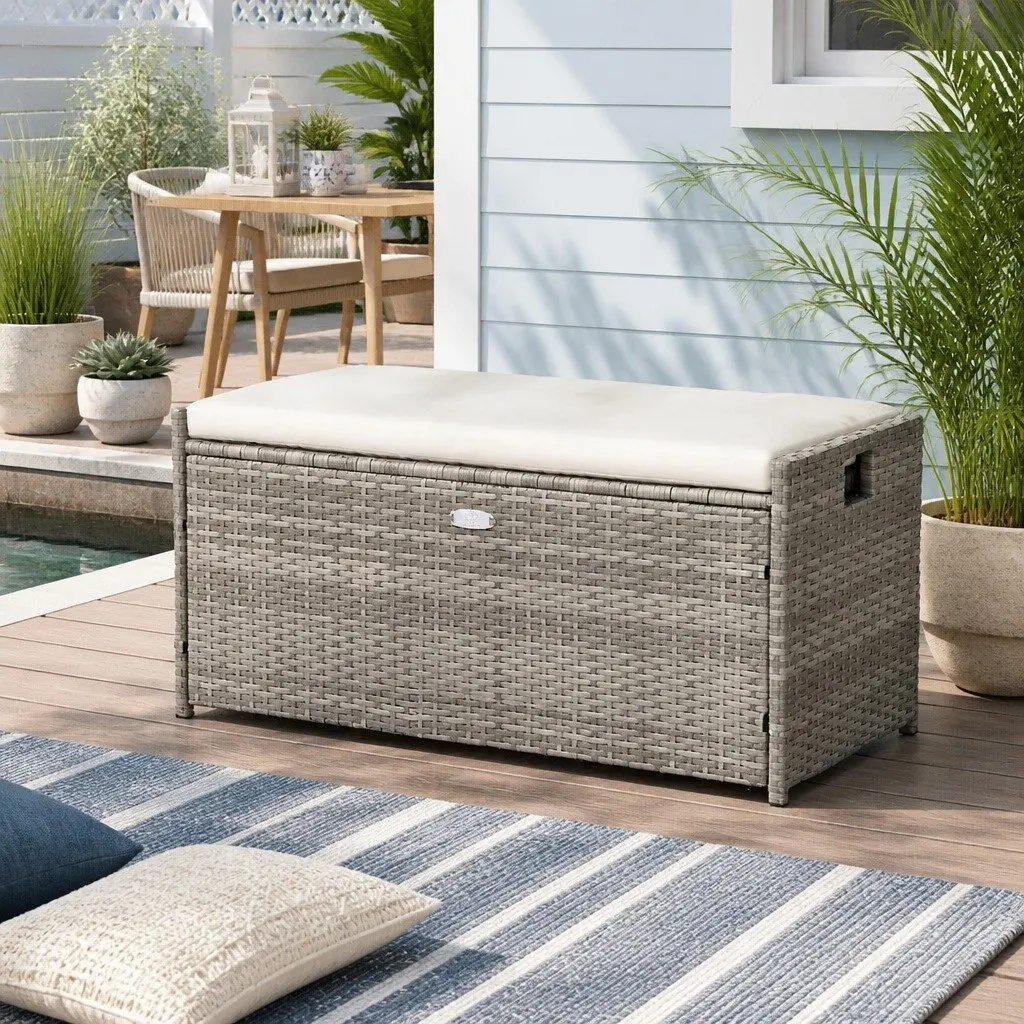 Outdoor Storage Bench Box Wicker Garden Patio Furniture Cushion Grey 100cm