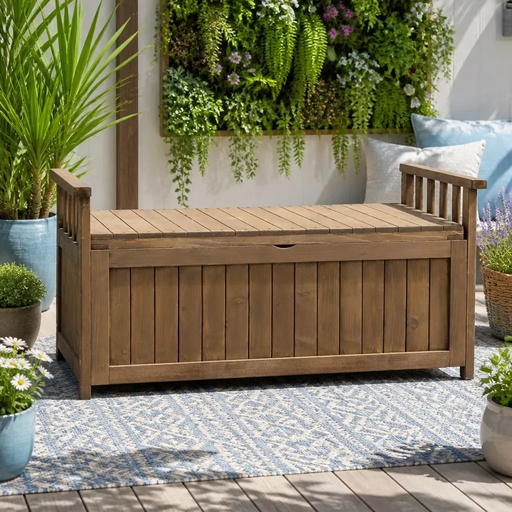 Outdoor Storage Bench Box Wooden Garden Patio Furniture 106cm x 60cm x 51.5cm Brown