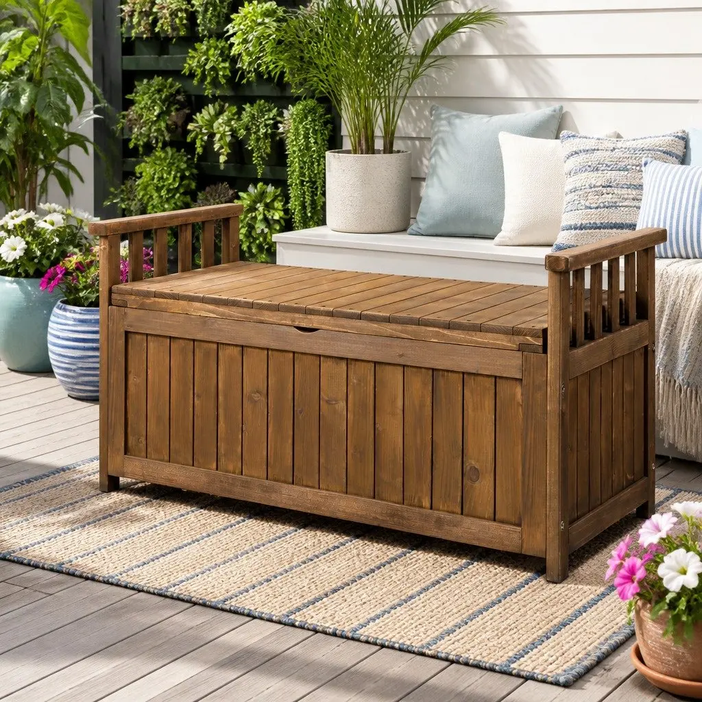 Outdoor Storage Bench Box Wooden Garden Patio Furniture 106cm x 60cm x 51.5cm Brown