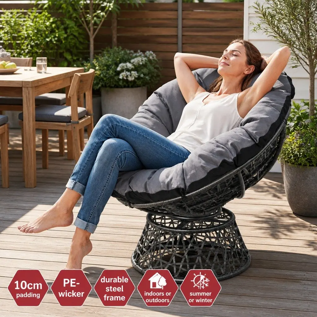 Papasan Chair Outdoor Use Rotatable Black 85cm x 73cm x 89cm