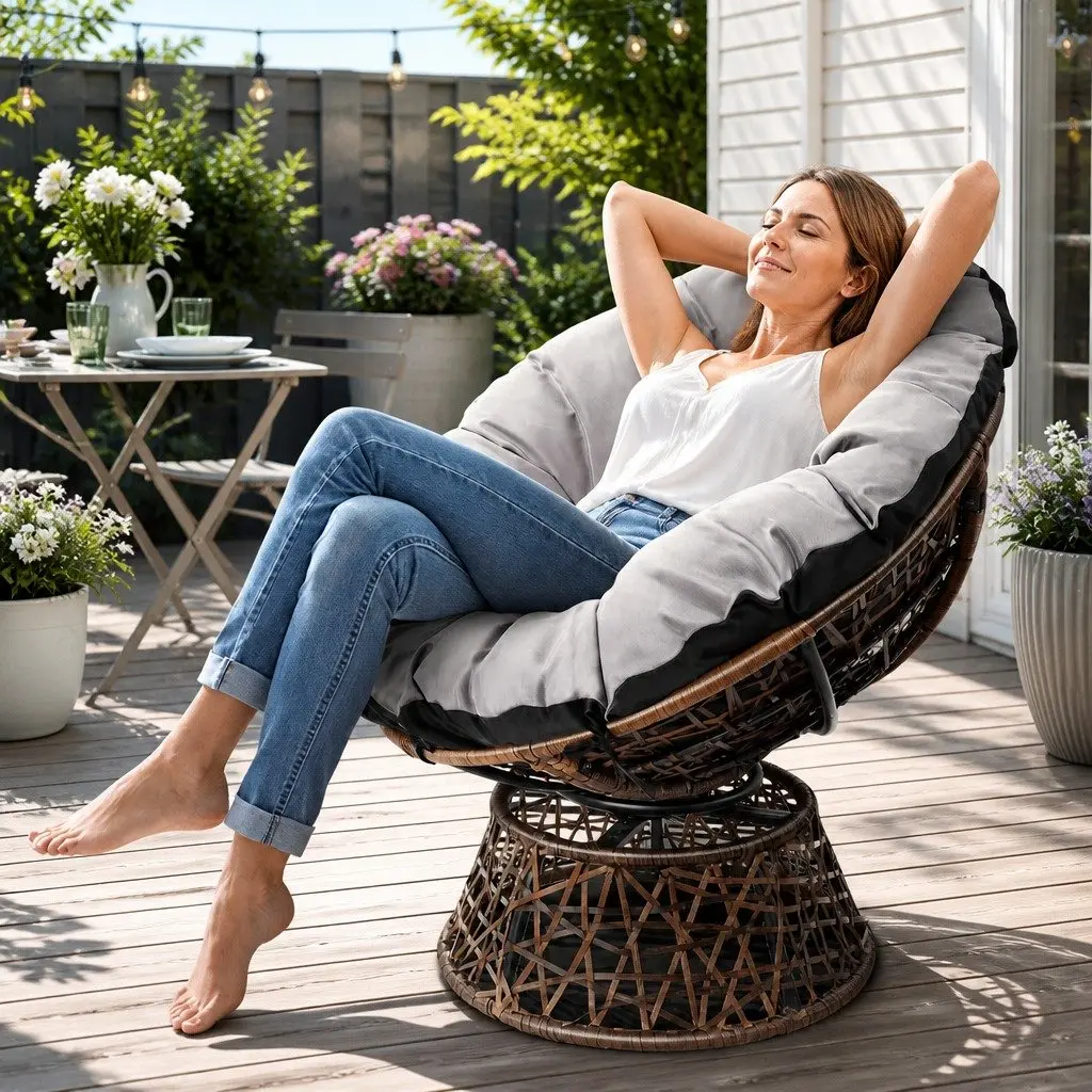 Papasan Chair Outdoor Wicker Patio Furniture Rotatable Garden Relaxation Seat