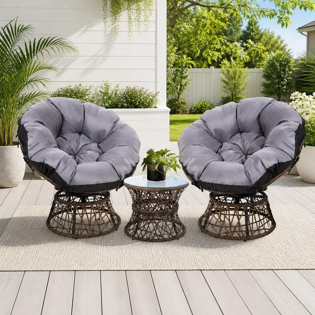 Outdoor Papasan Chair Side Table Set Wicker Patio Furniture Brown 2-Piece