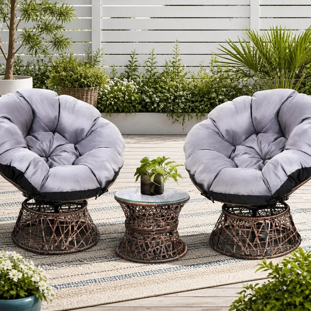 Outdoor Papasan Chair Side Table Set Wicker Patio Furniture Brown 2-Piece