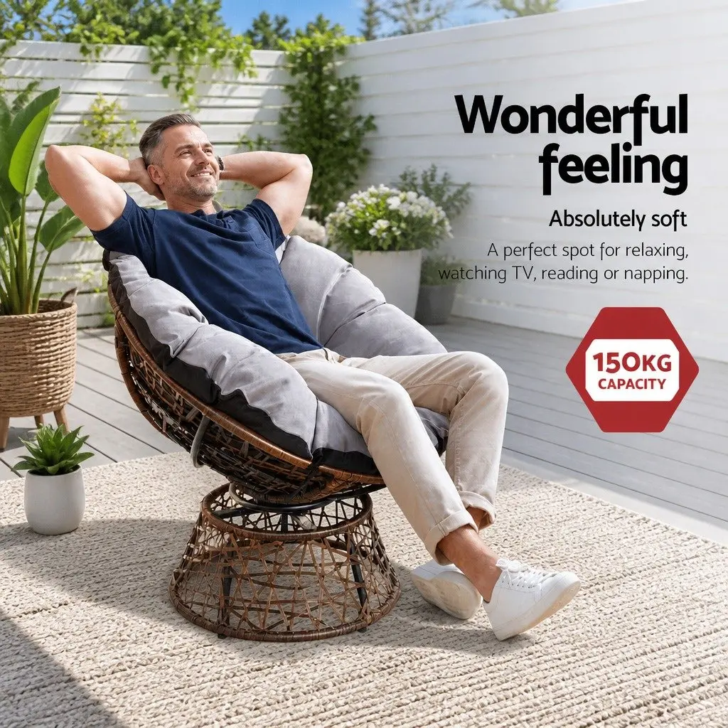 Outdoor Papasan Chair Side Table Set Wicker Patio Furniture Brown 2-Piece