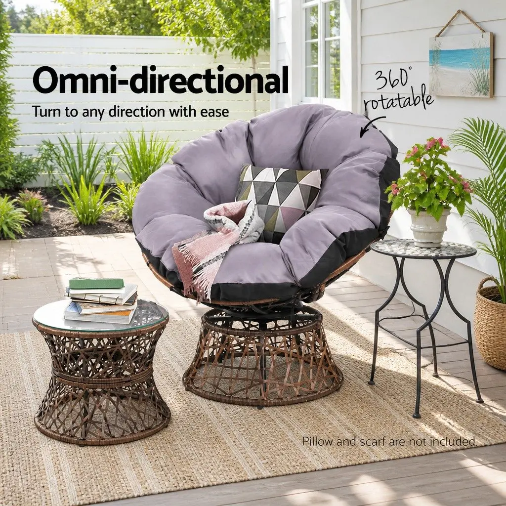 Outdoor Papasan Chair Side Table Set Wicker Patio Furniture Brown 2-Piece