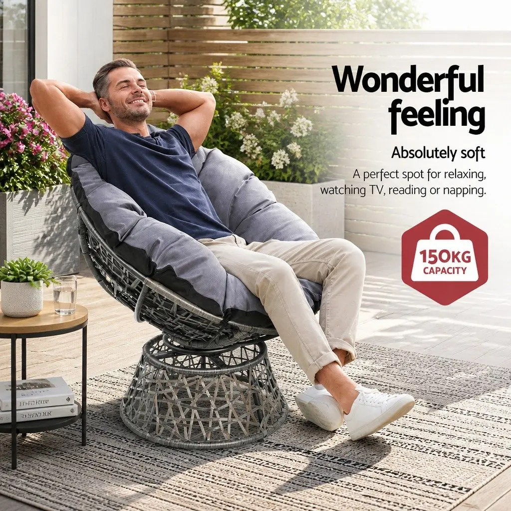 Outdoor Papasan Chairs & Side Table Set Wicker Rattan Patio Furniture Grey