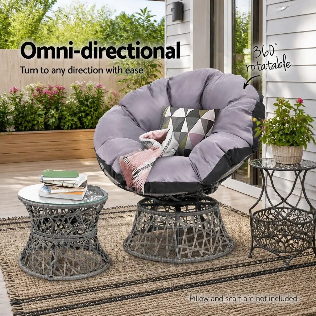 Outdoor Papasan Chairs & Side Table Set Wicker Rattan Patio Furniture Grey