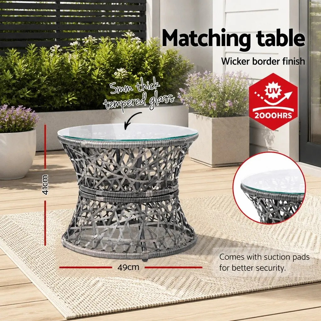 Outdoor Papasan Chairs & Side Table Set Wicker Rattan Patio Furniture Grey