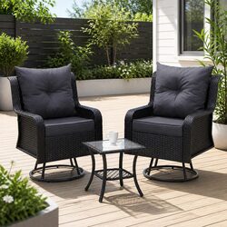 3-Piece Outdoor Swivel Chair Bistro Set Wicker Lounge Furniture Glass Table