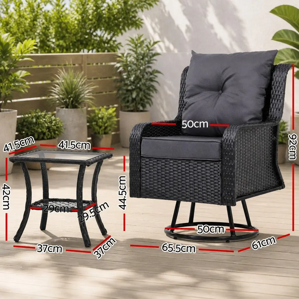 3-Piece Outdoor Swivel Chair Set for Patio or Garden Brown Wicker Lounge Furniture with Glass Table