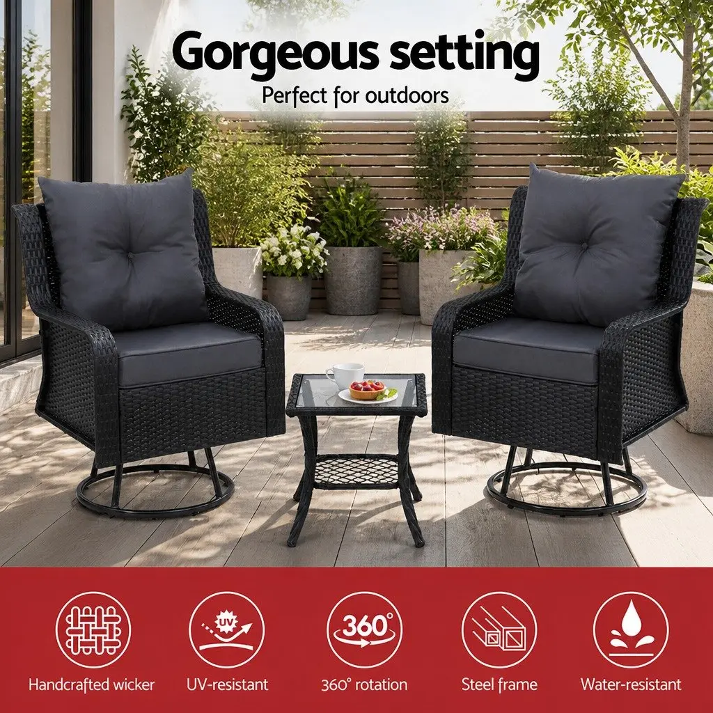 3-Piece Outdoor Swivel Chair Set for Patio or Garden Brown Wicker Lounge Furniture with Glass Table