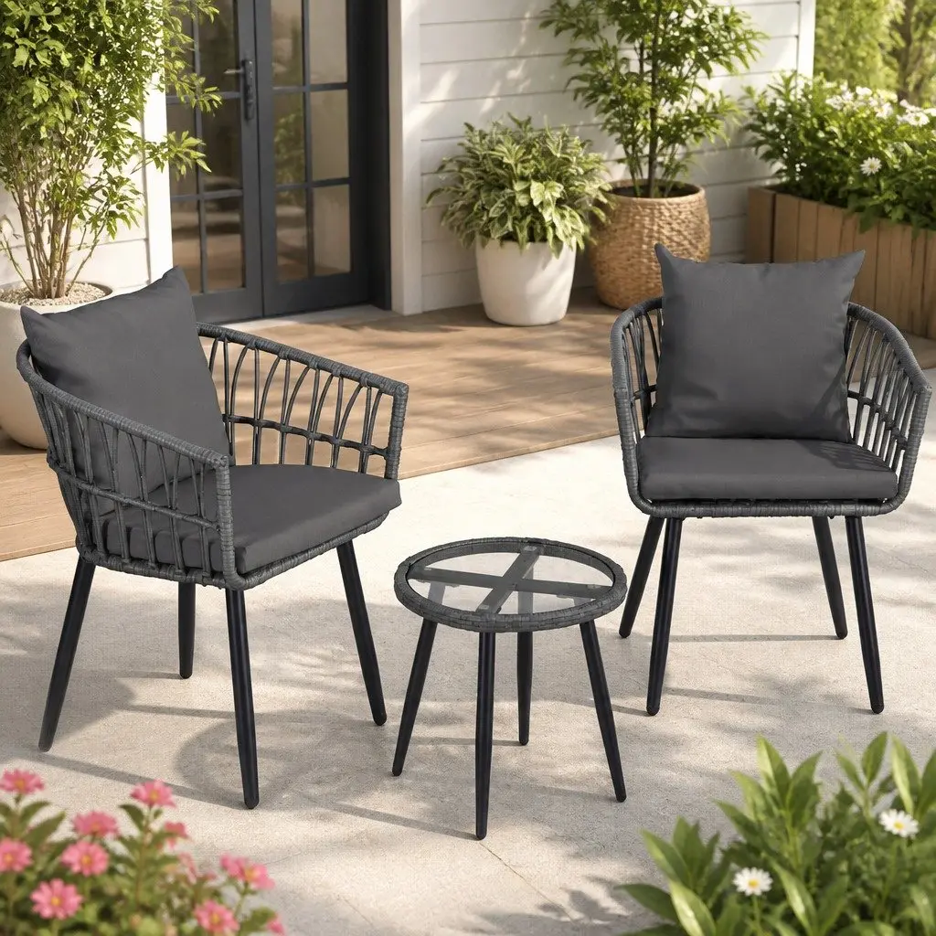 3 Piece Outdoor Lounge Setting for Patio Grey Furniture Set with Chairs and Coffee Table