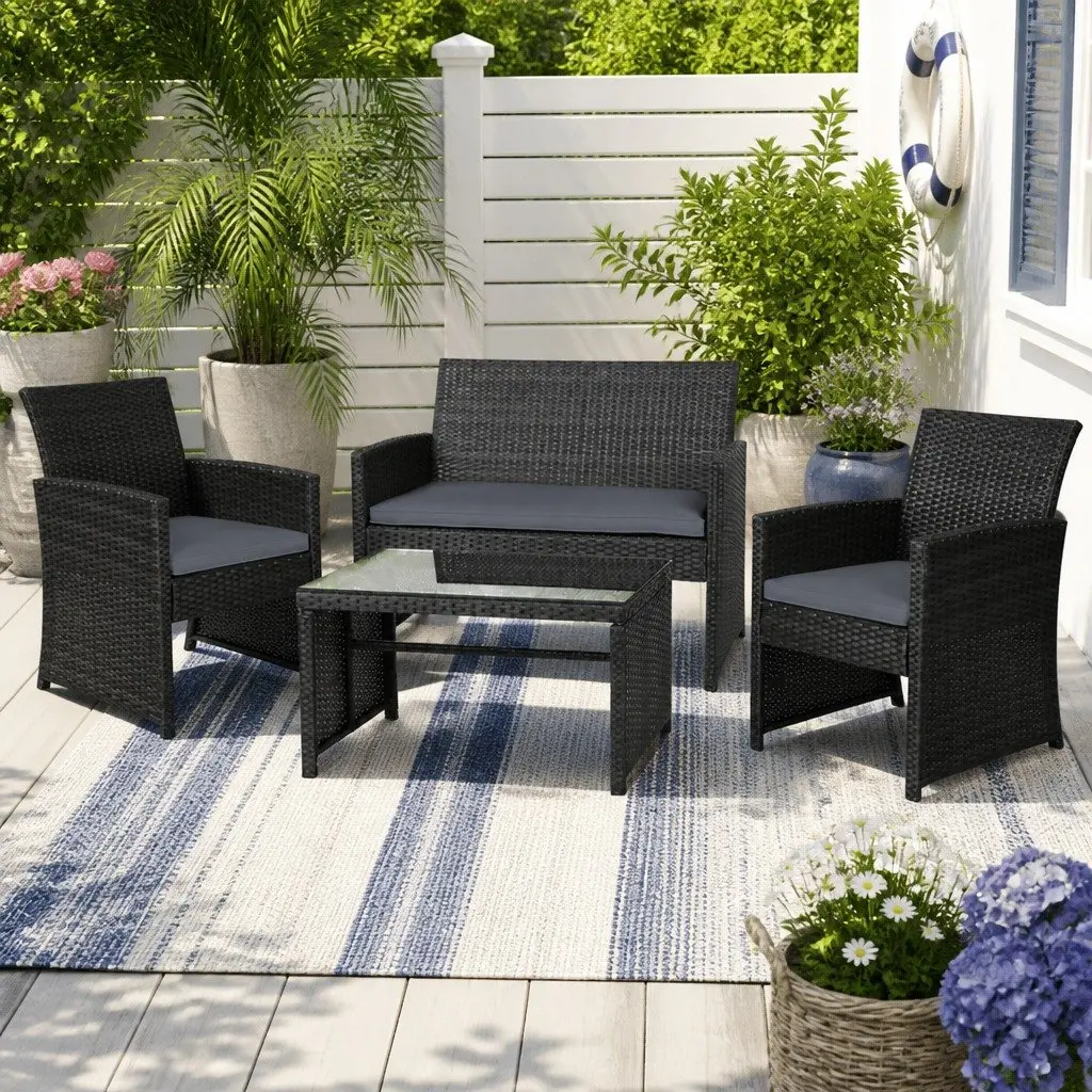 4 Piece Outdoor Wicker Sofa Set for Garden Patio Black Rattan Chair Coffee Table