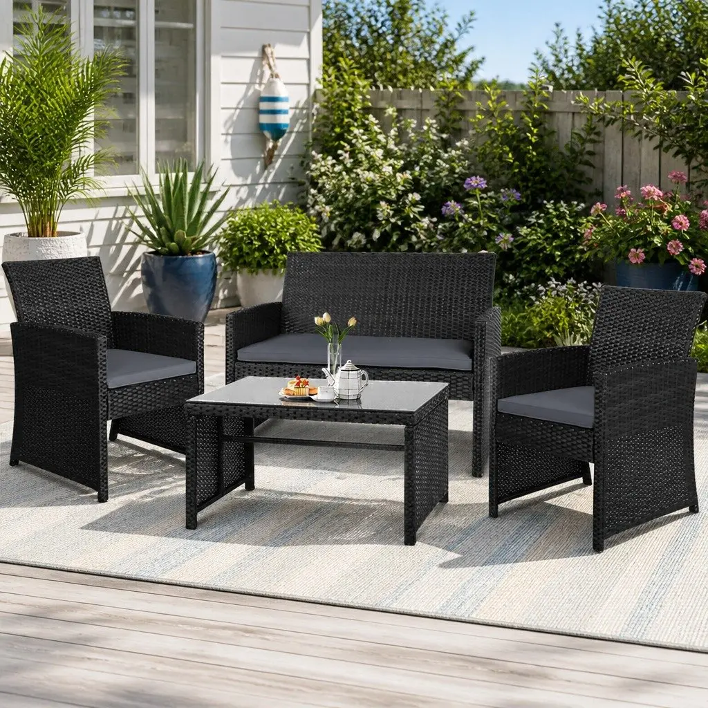 4 Piece Outdoor Wicker Sofa Set for Garden Patio Black Rattan Chair Coffee Table