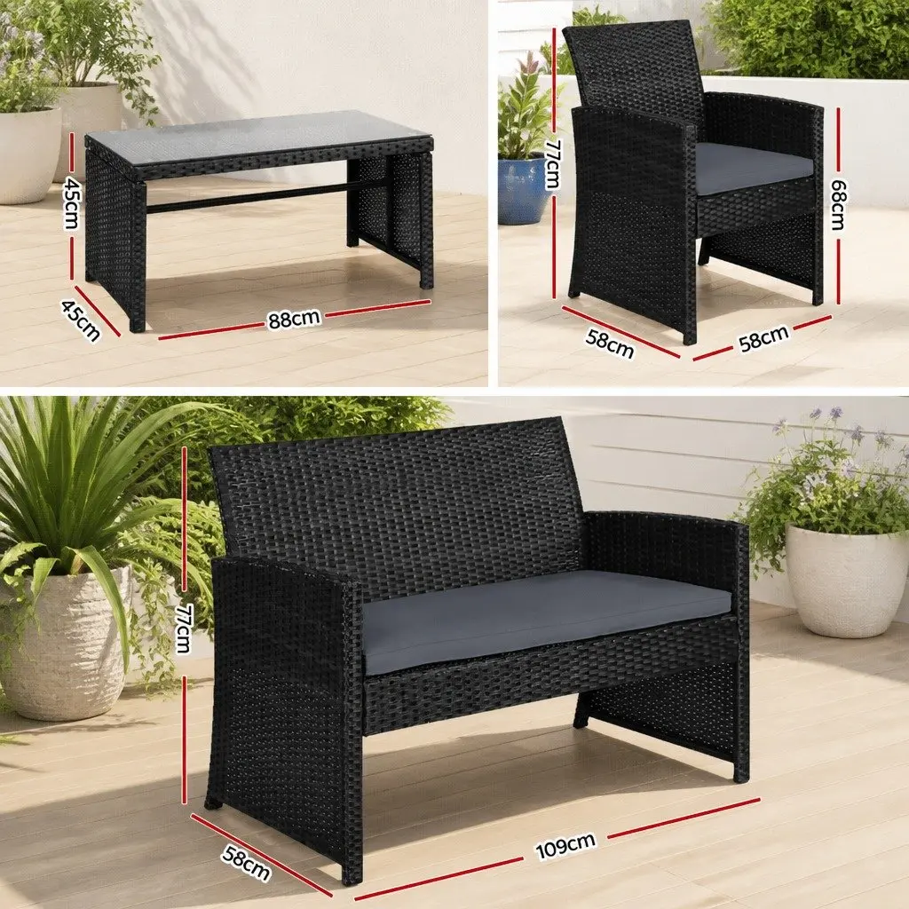 4 Piece Outdoor Wicker Sofa Set for Garden Patio Black Rattan Chair Coffee Table