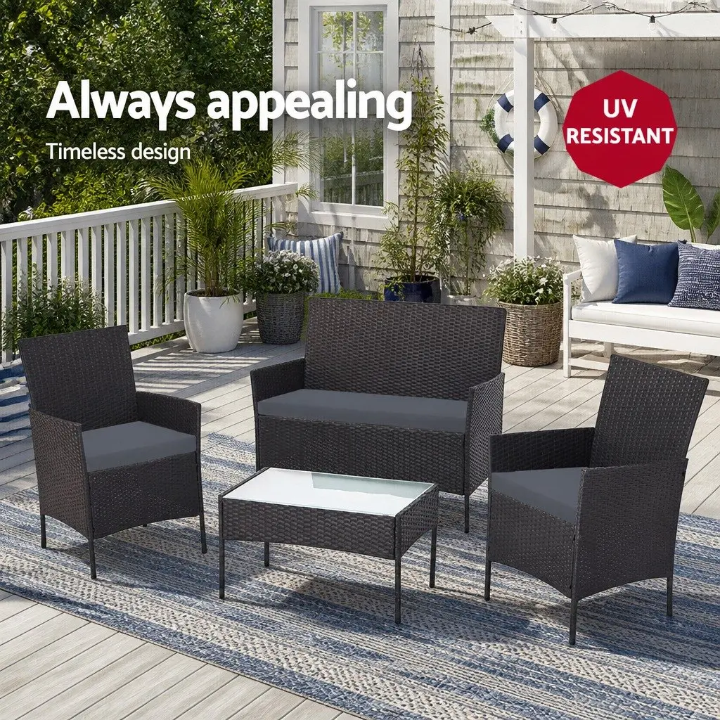 4 Piece Outdoor Wicker Sofa Set for Garden Patio Black Rattan Chair Coffee Table
