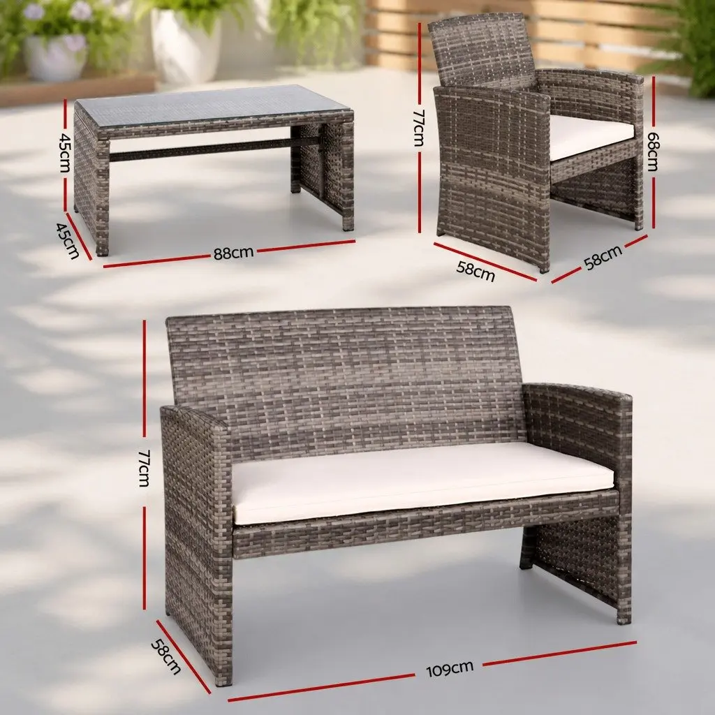 4 Piece Outdoor Sofa Set Garden Furniture Grey Wicker Armchair Coffee Table