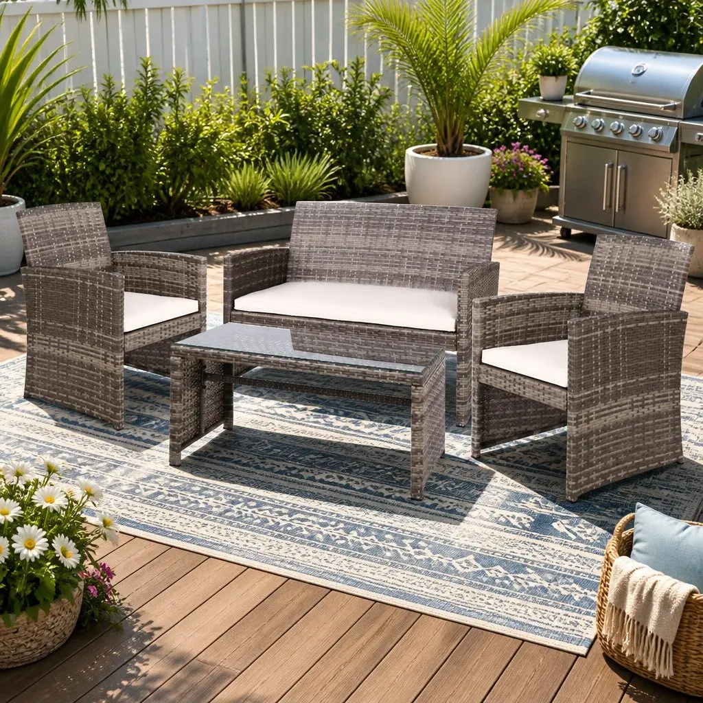 4 Piece Outdoor Sofa Set Garden Furniture Grey Wicker Armchair Coffee Table