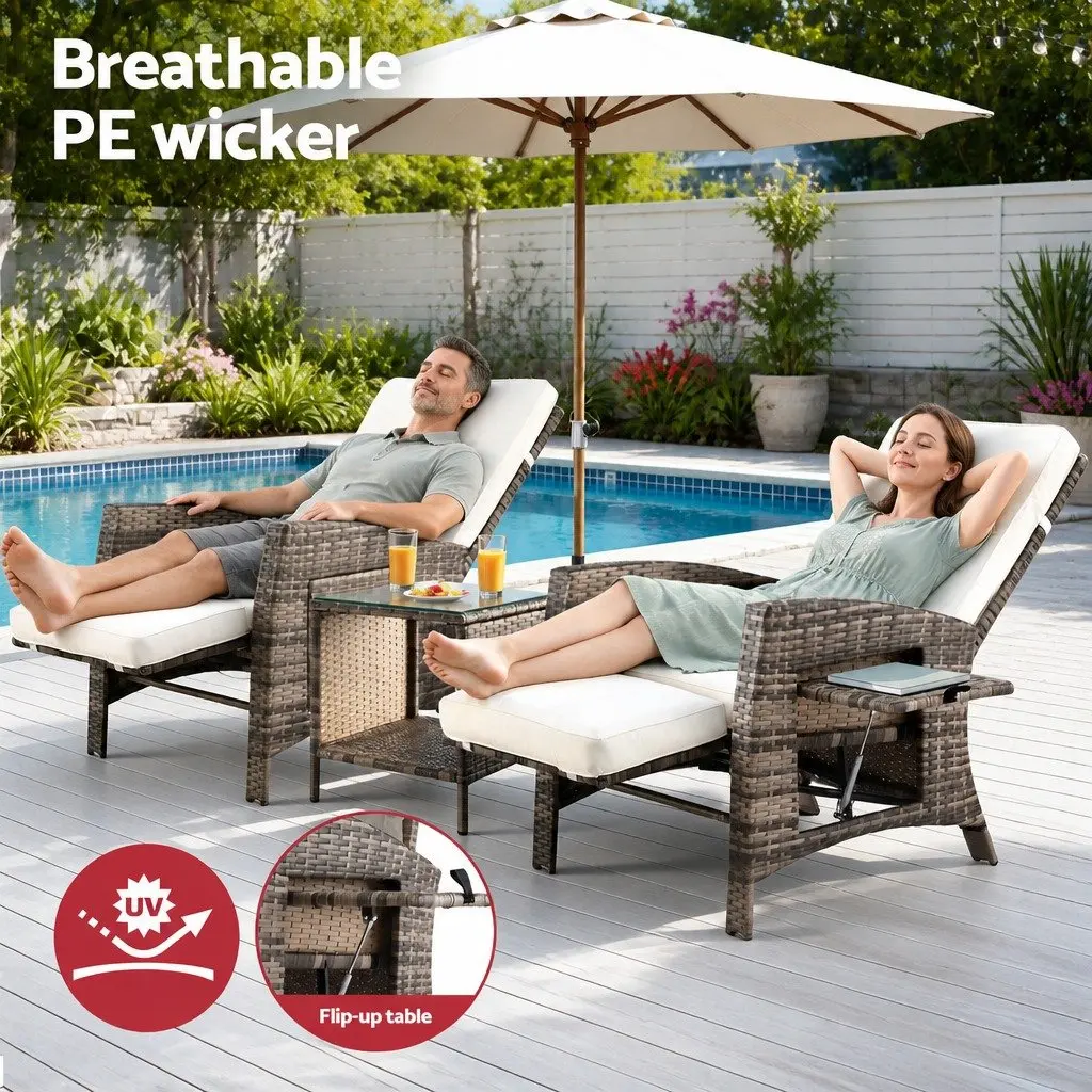 Outdoor Recliner Chair Set 3 Piece Adjustable Backrest Lounge Patio
