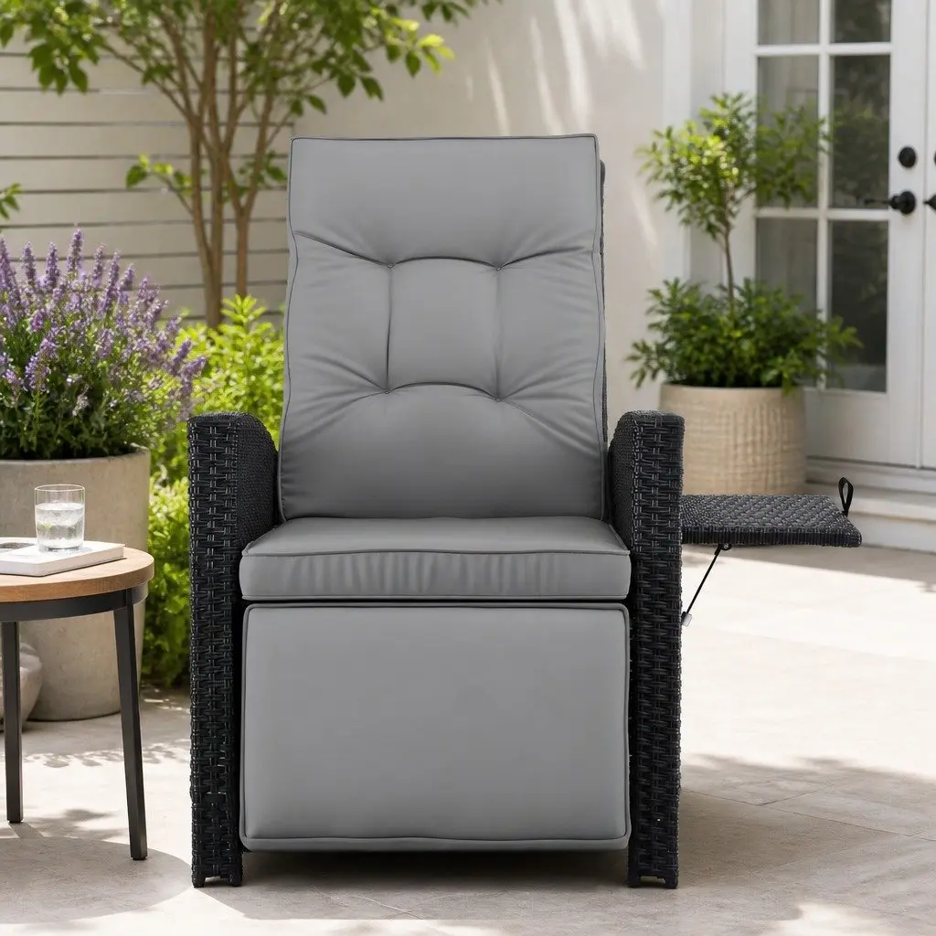 Outdoor Recliner Chair Patio Adjustable Backrest Footrest Wicker Lounger