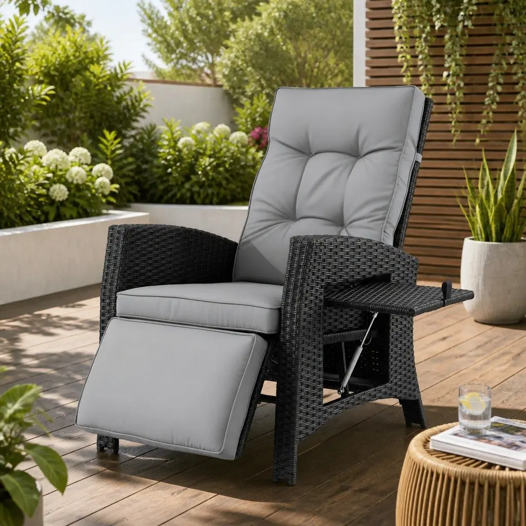 Outdoor Recliner Chair Patio Adjustable Backrest Footrest Wicker Lounger