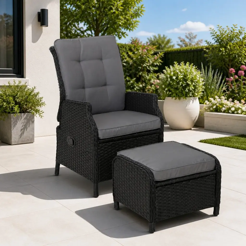 2PC Recliner Chair Sun Lounge Wicker Lounger Outdoor Furniture Adjustable Black