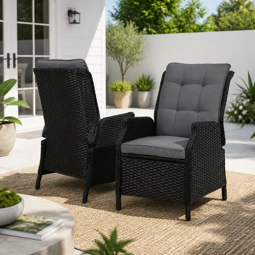 2PC Recliner Chair Sun Lounge Wicker Lounger Outdoor Furniture Adjustable Black