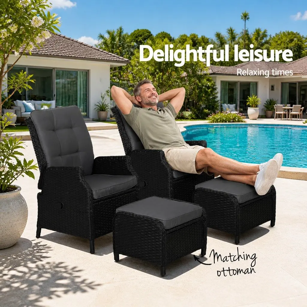 2PC Recliner Chair Sun Lounge Wicker Lounger Outdoor Furniture Adjustable Black