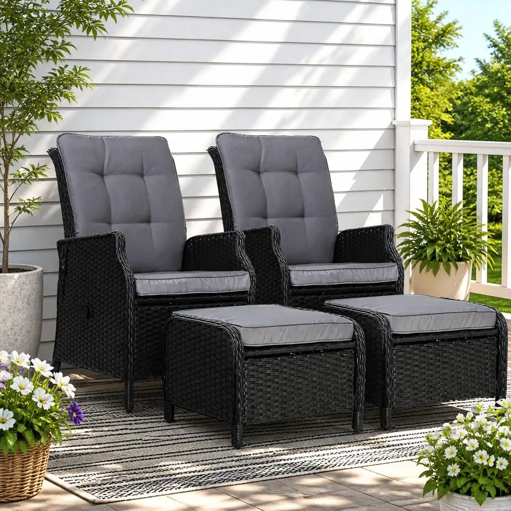 2PC Recliner Chair Sun Lounge Wicker Lounger Outdoor Furniture Adjustable Black