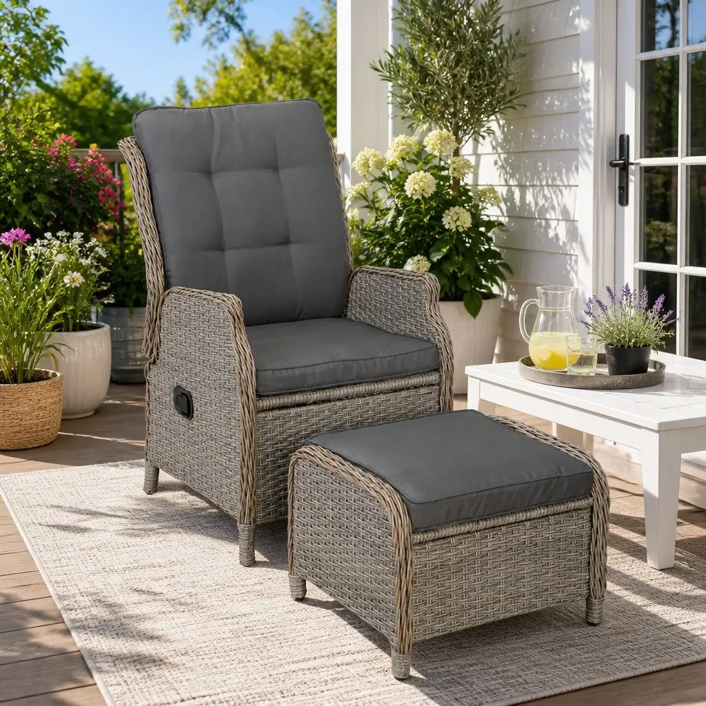 Wicker Recliner Chair Outdoor Garden Patio Lounger Set 2 Piece Adjustable Backrest