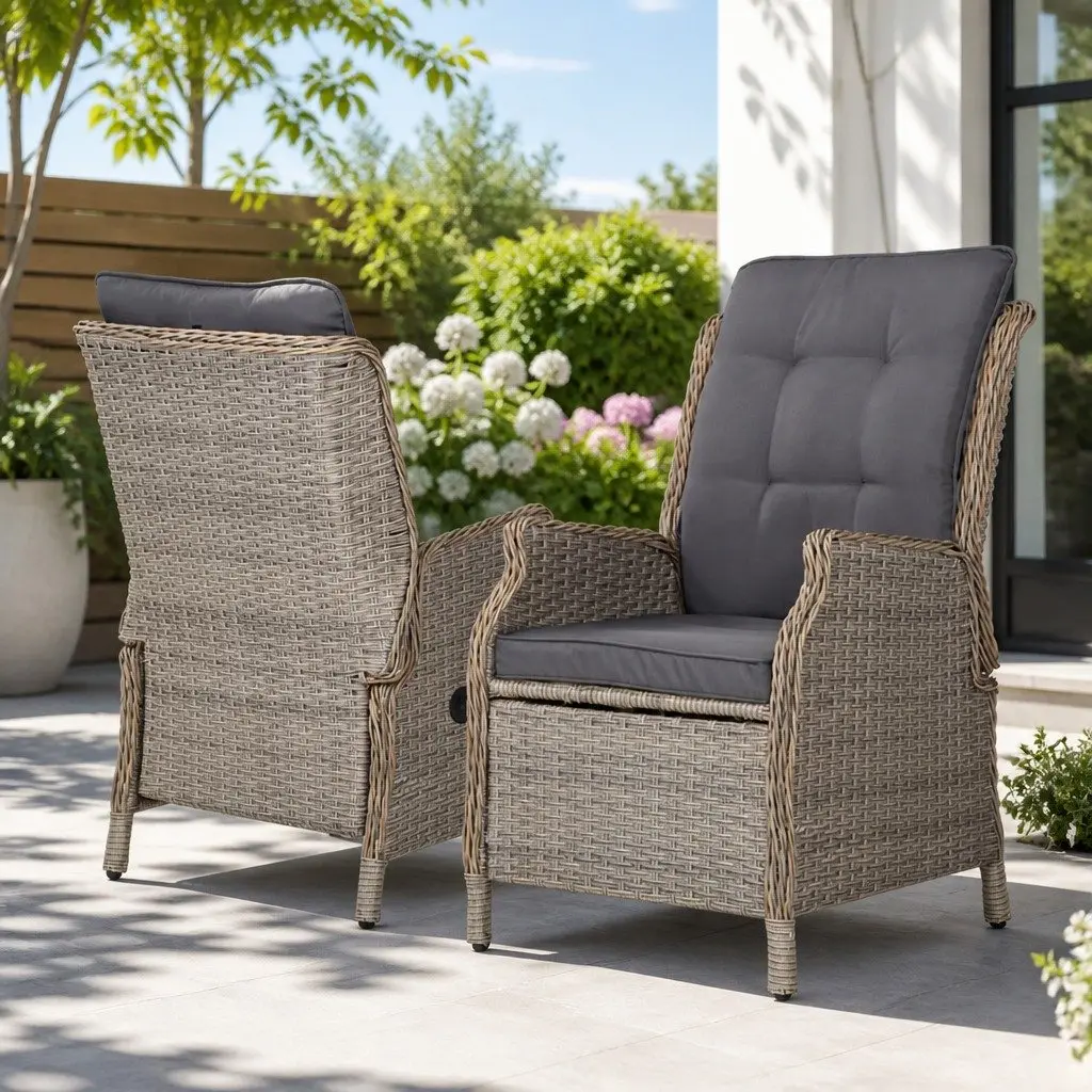 Wicker Recliner Chair Outdoor Garden Patio Lounger Set 2 Piece Adjustable Backrest