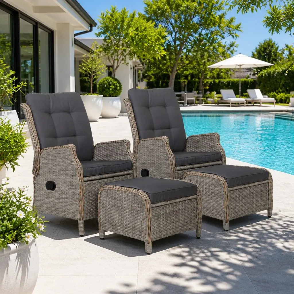 Wicker Recliner Chair Outdoor Garden Patio Lounger Set 2 Piece Adjustable Backrest