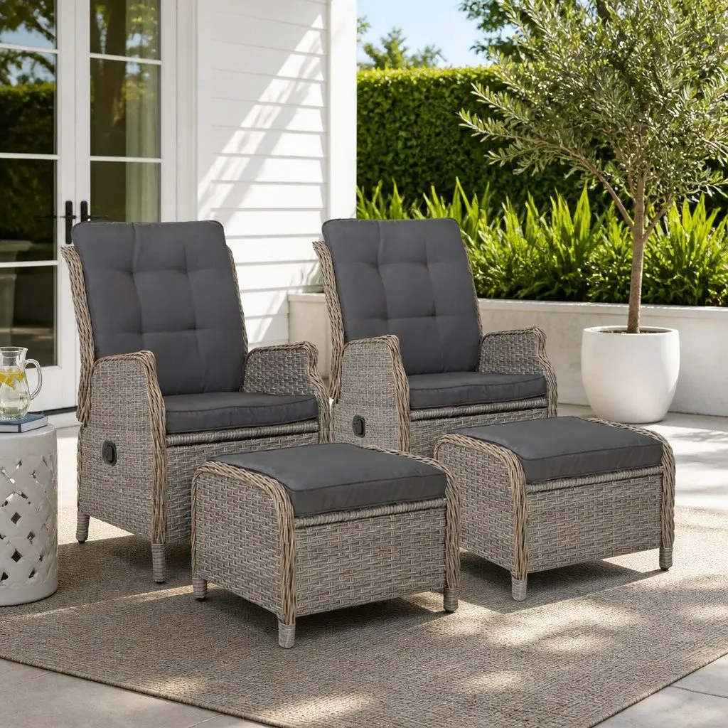 Wicker Recliner Chair Outdoor Garden Patio Lounger Set 2 Piece Adjustable Backrest