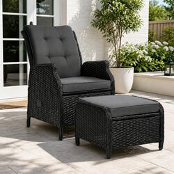 Wicker Recliner Chair and Ottoman Set for Outdoor Use