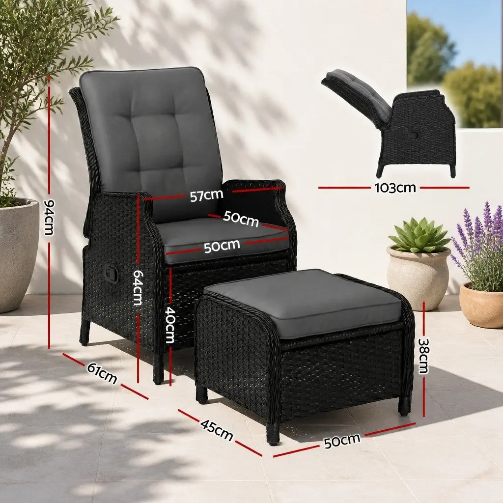 Wicker Recliner Chair Outdoor Furniture Patio Adjustable Lounger with Ottoman