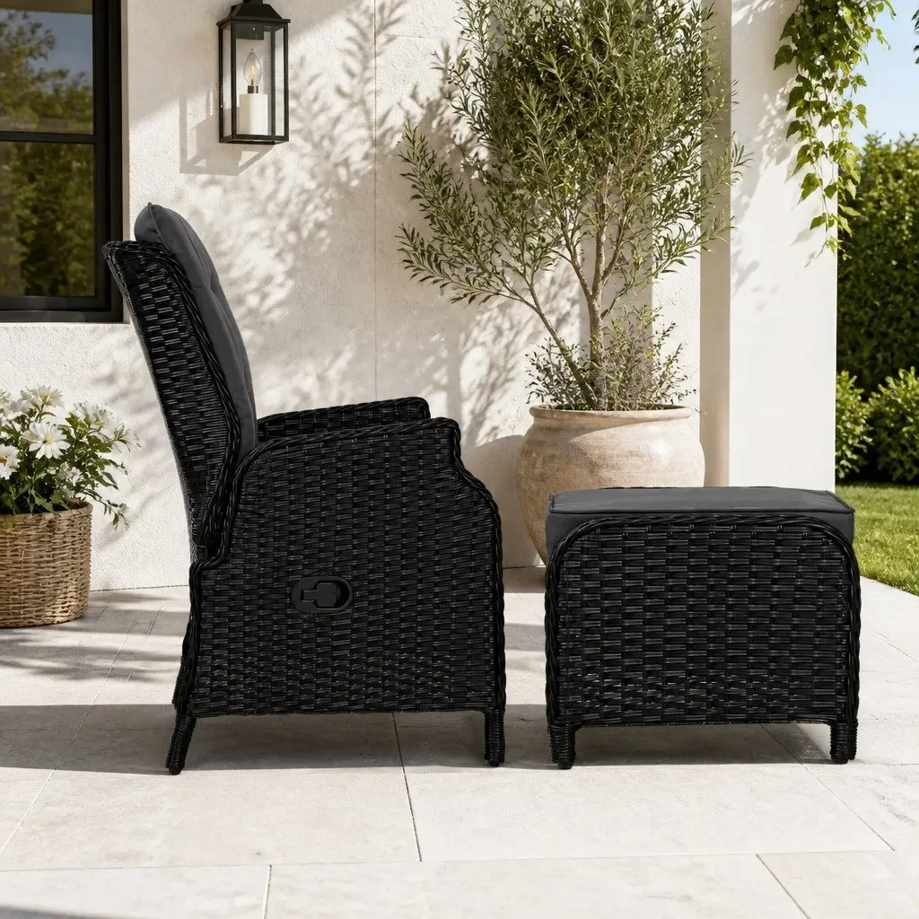 Wicker Recliner Chair Outdoor Furniture Patio Adjustable Lounger with Ottoman