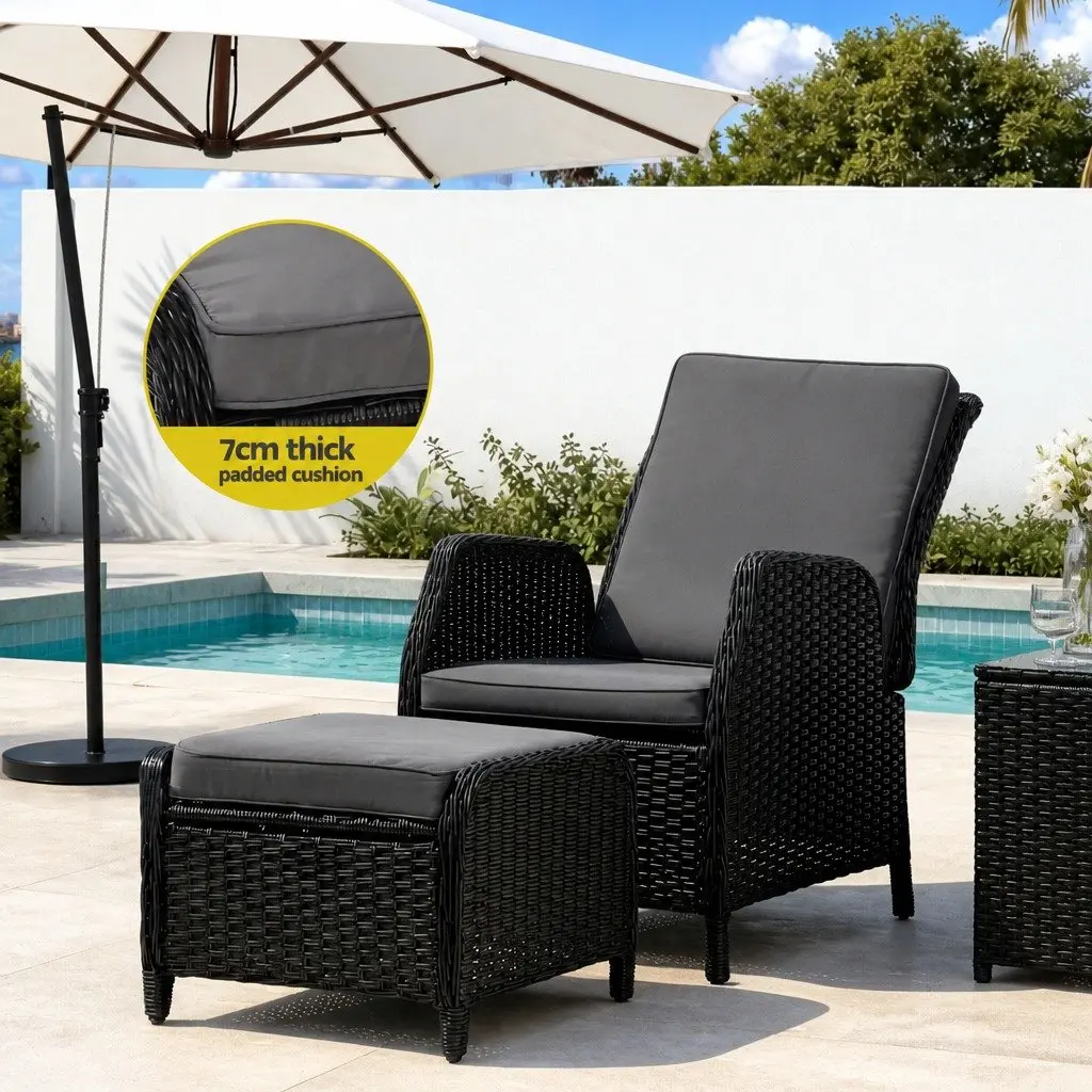Wicker Recliner Chair Outdoor Furniture Patio Adjustable Lounger with Ottoman