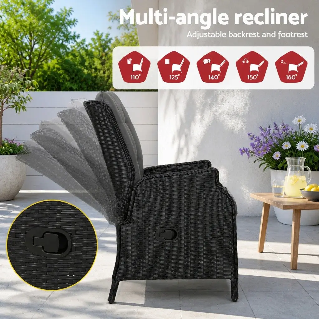 Wicker Recliner Chair Outdoor Furniture Patio Adjustable Lounger with Ottoman