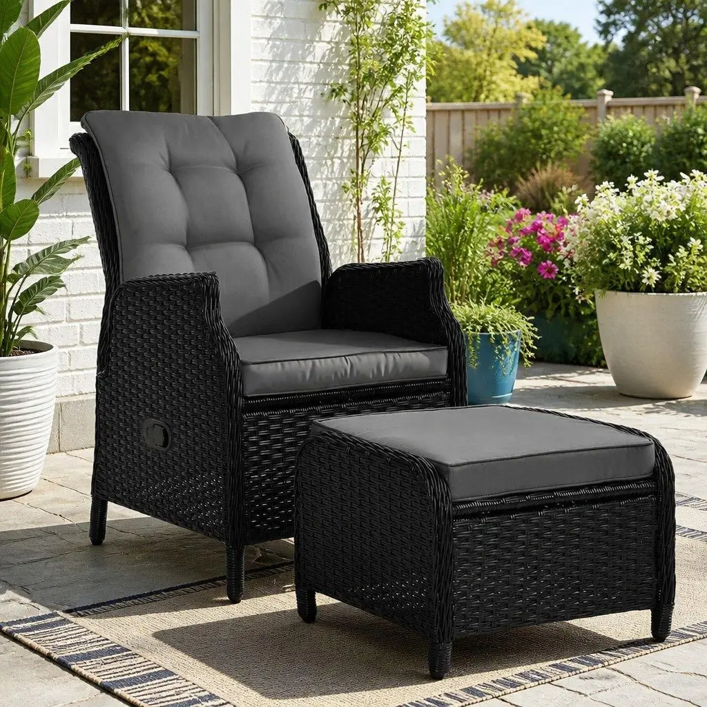 Wicker Recliner Chair Outdoor Furniture Patio Adjustable Lounger with Ottoman
