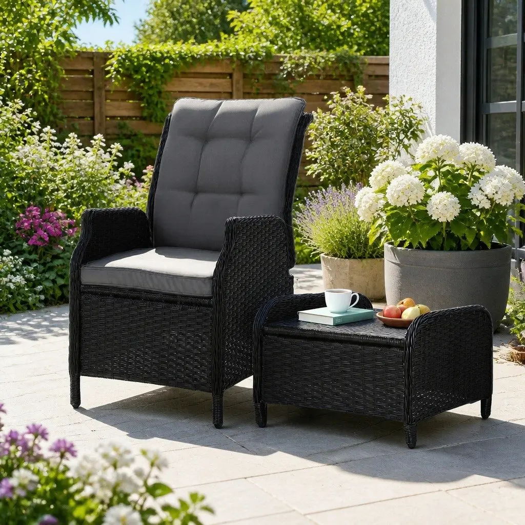 Wicker Recliner Chair Outdoor Furniture Patio Adjustable Lounger with Ottoman