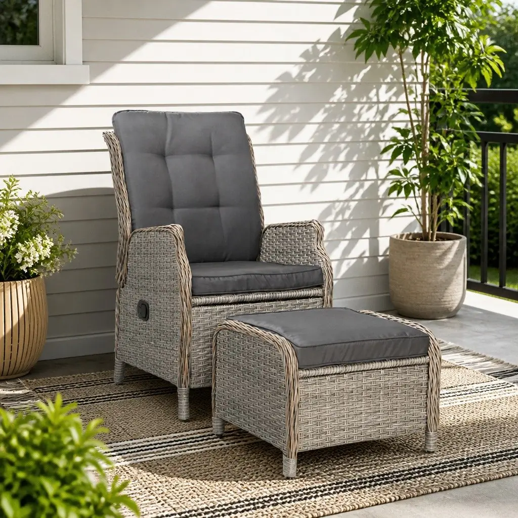 Wicker Recliner Chair Ottoman Set Outdoor Indoor Adjustable Grey