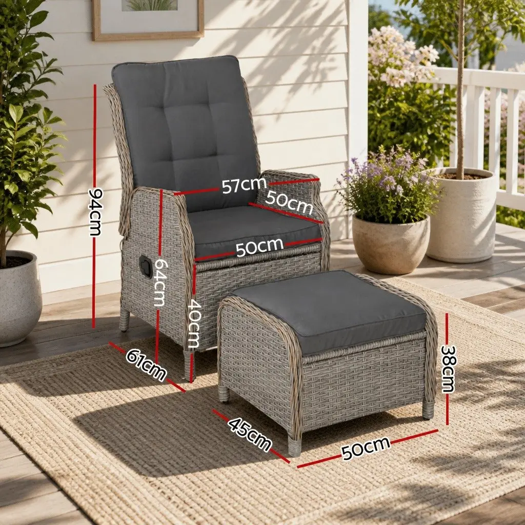 Wicker Recliner Chair Ottoman Set Outdoor Indoor Adjustable Grey