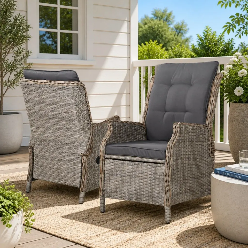 Wicker Recliner Chair Ottoman Set Outdoor Indoor Adjustable Grey