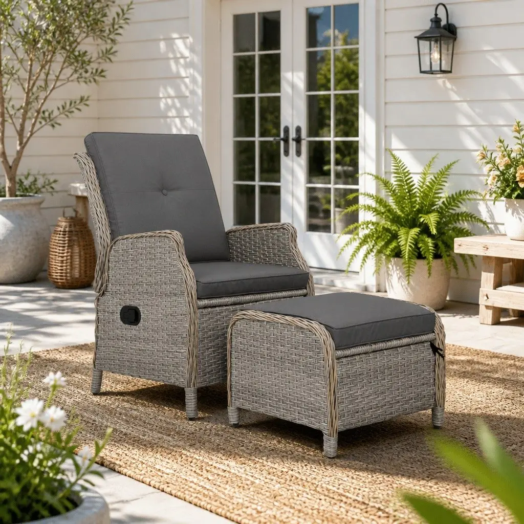 Wicker Recliner Chair Ottoman Set Outdoor Indoor Adjustable Grey