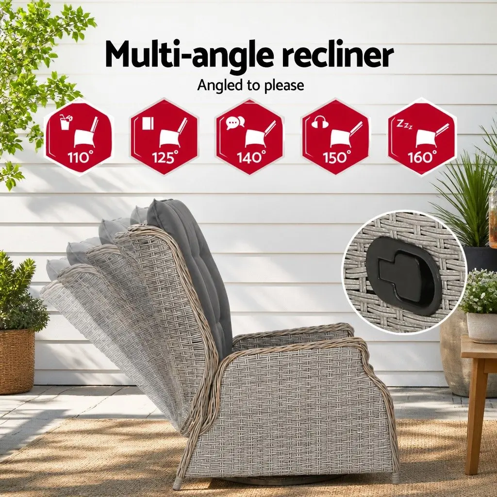 Wicker Recliner Chair Ottoman Set Outdoor Indoor Adjustable Grey