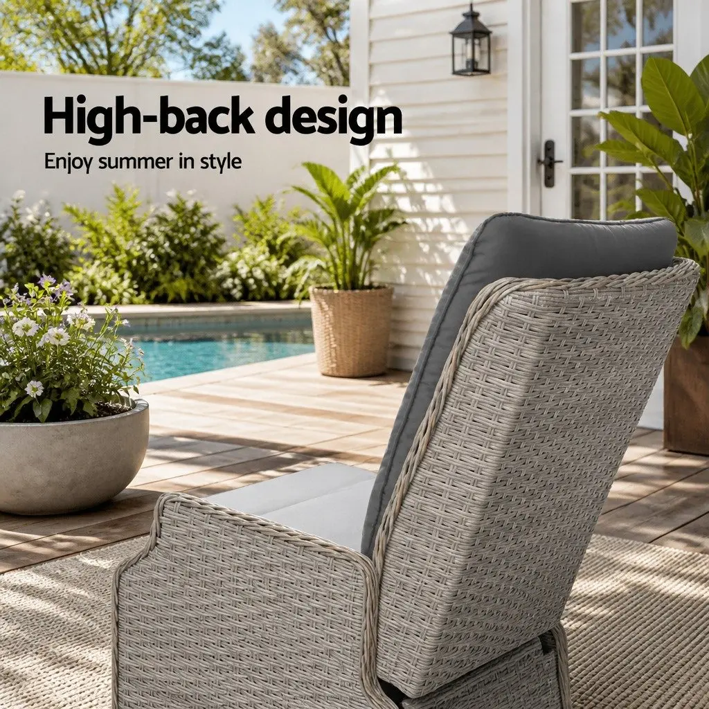 Wicker Recliner Chair Ottoman Set Outdoor Indoor Adjustable Grey