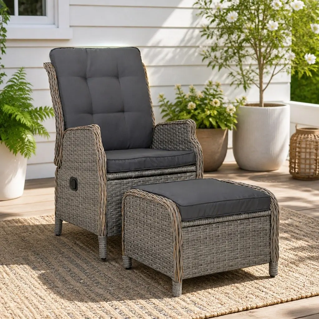 Wicker Recliner Chair Ottoman Set Outdoor Indoor Adjustable Grey