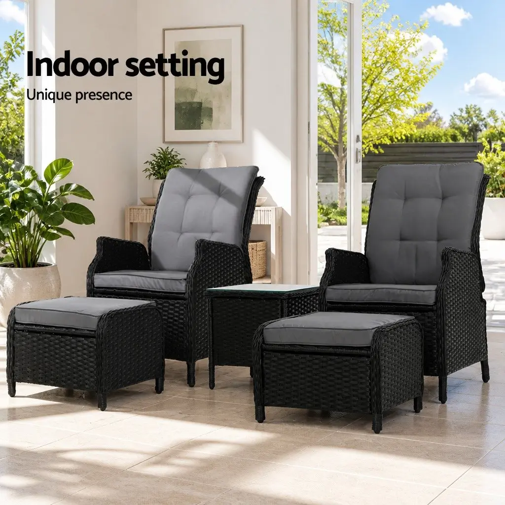 5PC Wicker Recliner Outdoor Furniture Set Adjustable Chairs Ottomans Side Table