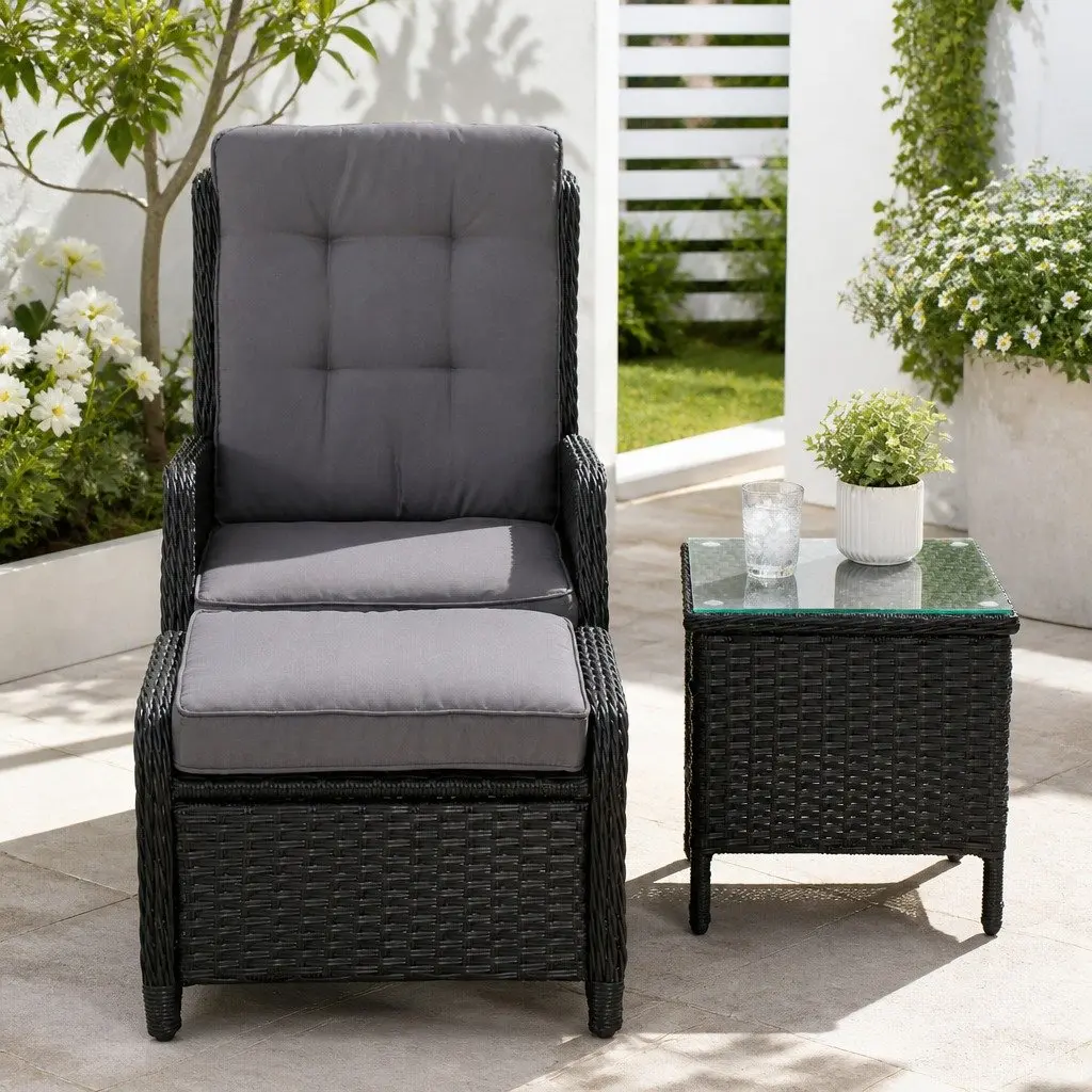 5PC Wicker Recliner Outdoor Furniture Set Adjustable Chairs Ottomans Side Table